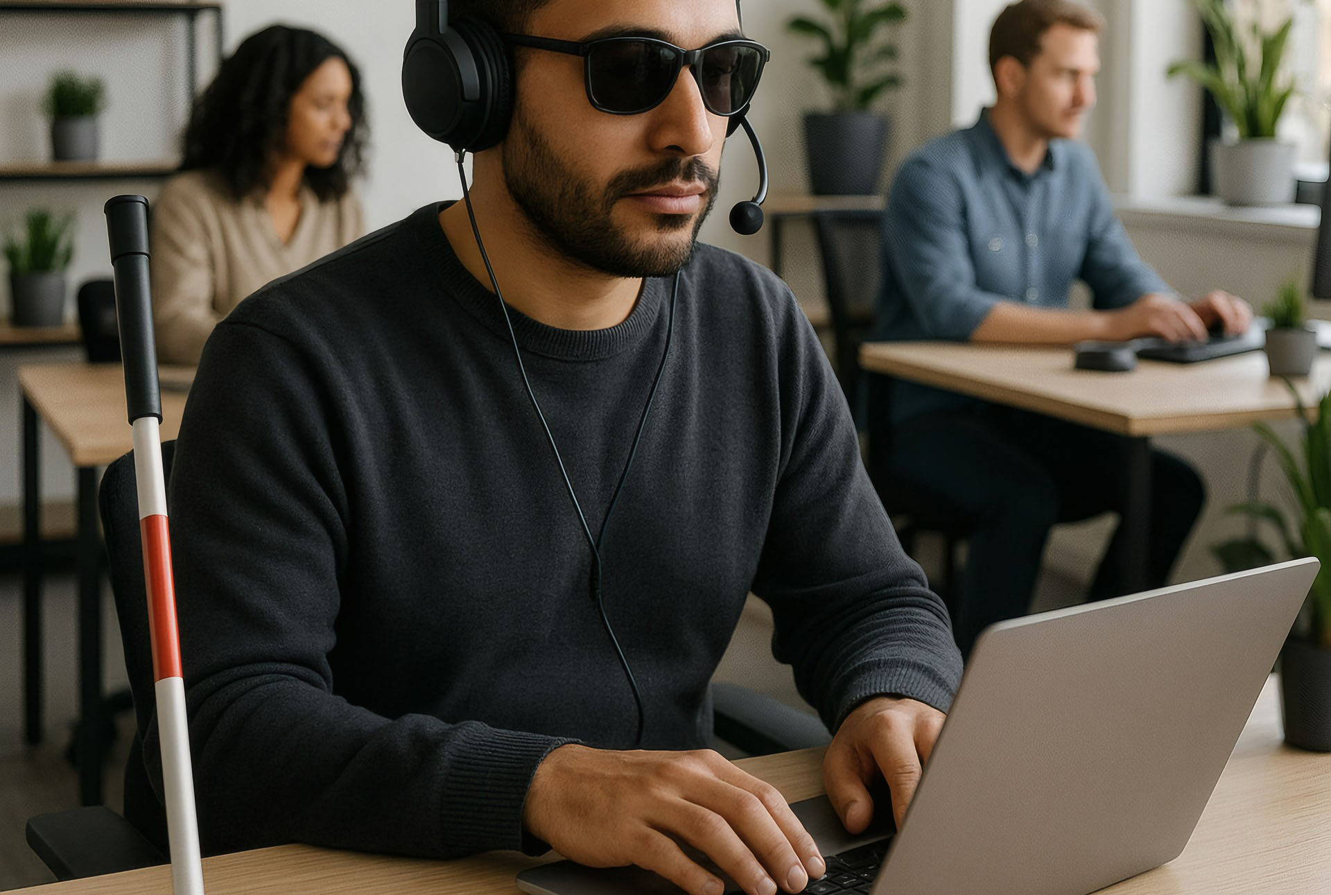 A visually impaired man on a laptop