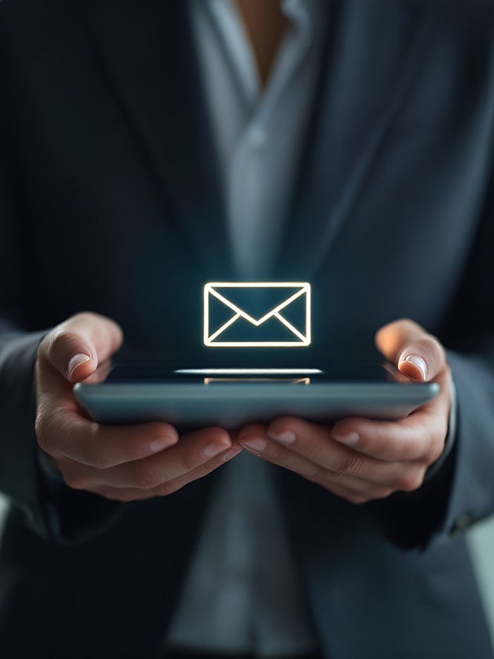 Man holding a tablet reading email